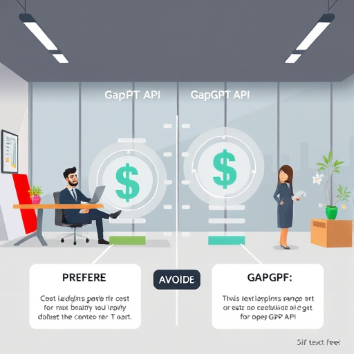 cartoon infographic comparing cost ladders for OpenAI ChatGPT API vs. GapGPT API, with magnified currency symbols (dollar and toman)