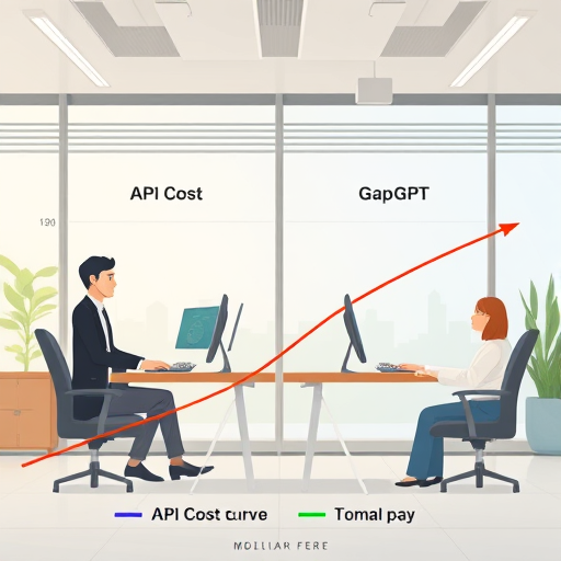 simple animated chart comparing API cost curves for ChatGPT (USD, sanctions barrier, less transparency) vs. GapGPT (Toman, clear UI, local pay), stylized with Iranian and tech motifs, no text