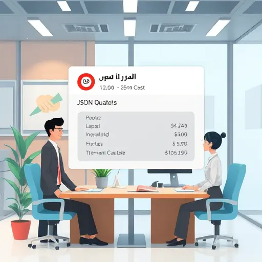 animated REST API response window showing JSON quota and cost information, with friendly Iranian UI elements and payment calculation visuals, tech style, no text