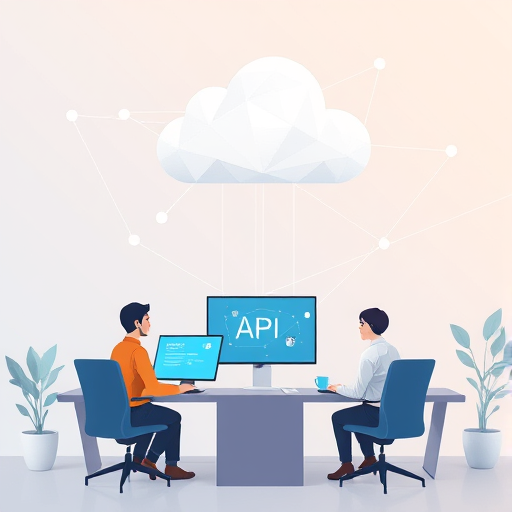 abstract representation of API integration, geometric network patterns flowing between cloud and computer, Farsi-