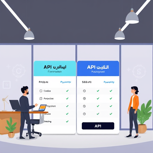 modern cartoon illustration of API pricing plans comparison, showing flexible subscriptions, payment icons (credit card, crypto, local Iranian options blocked), dollar-pkr currency signs vs.