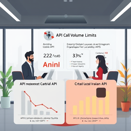 animated diagram showing API call volume limits and overage fees, cartoon data charts comparing standard global APIs with local Iranian API (GapGPT)
