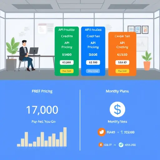 cartoon style infographic showing API pricing tiers, credit usage sliders, cost comparison charts, animated code icons representing Pay-As-You-