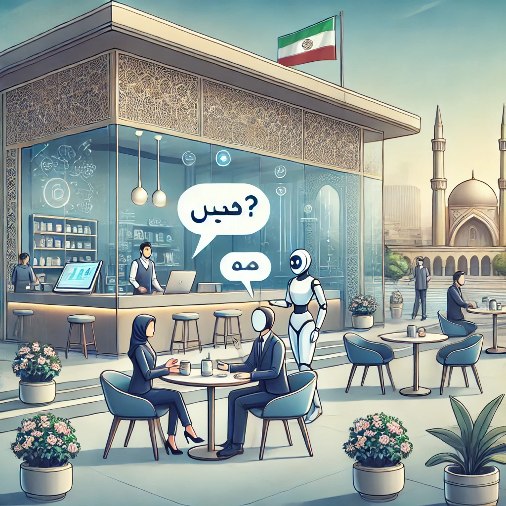 animated simulation of everyday conversation between a user and a digital AI assistant, café scene, cartoon illustration, text-free, technology concept