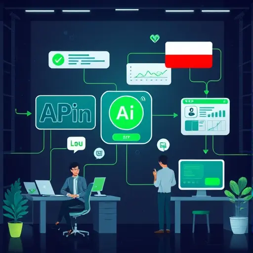 modern illustration showing AI API connecting to a chat application, analytics dashboard, and automation workflow, neon green accents, dark tech background, no text