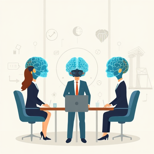modern minimal illustration of three virtual AI models symbolized as stylized neural network brains, surrounded by philosophy-themed icons (Greek pillars, scales)