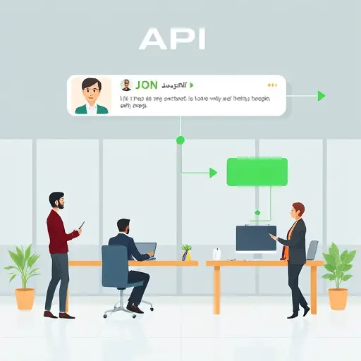 API workflow illustration, showing client application making RESTful request to AI API, server returning JSON response, green accent arrows, text-