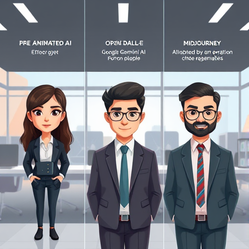 illustration comparing three animated tech platforms: Google Gemini AI, OpenAI DALL-E, and Midjourney, each producing AI-