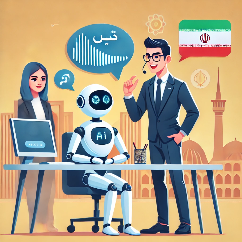 cartoon-style illustration of a virtual AI assistant practicing language pronunciation with a user, showing animated sound waves and speech bubbles, text-free