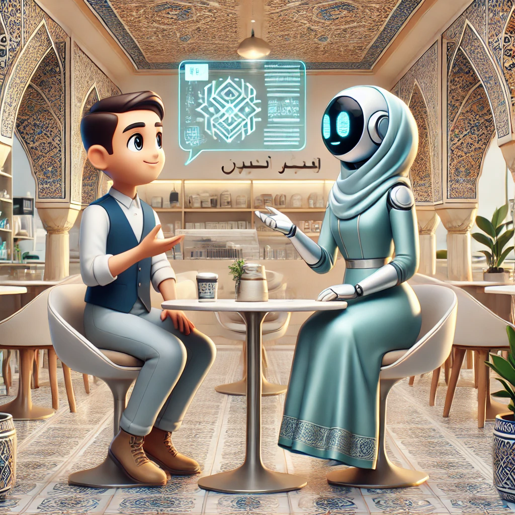 animated illustration of two cartoon-style characters (user and AI)
