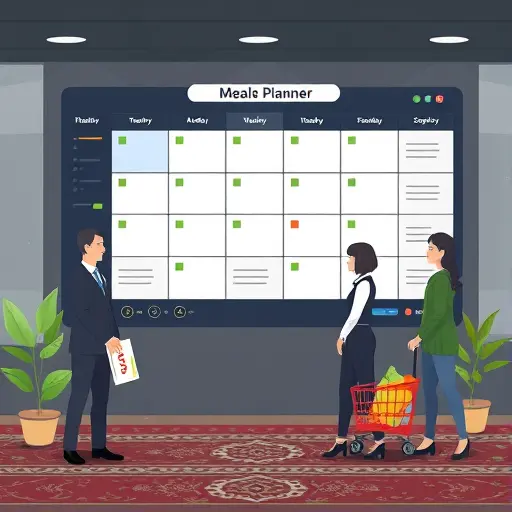 animated weekly meal planner board with AI icons (calendar, recipe cards, grocery basket)