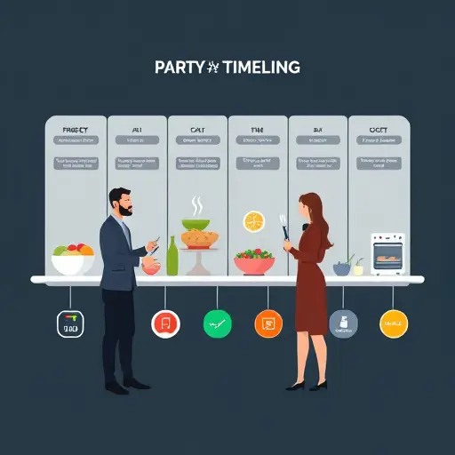 illustrated party buffet planning with AI timeline and icons (timer, oven, salad, dessert)