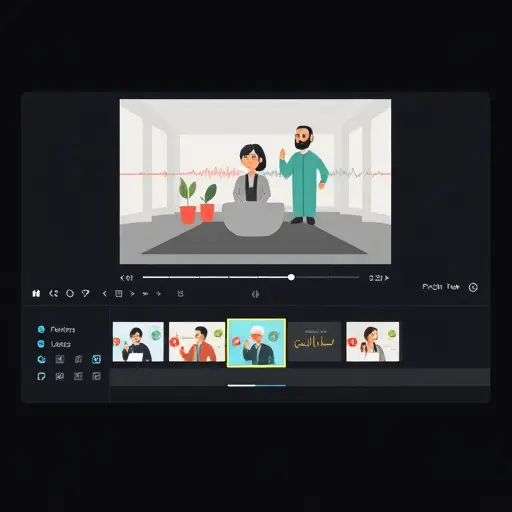 modern AI editor interface illustration on dark background showing a photo layer with audio waveform, timeline with fade in/out markers, export presets for Instagram Reels and TikTok, clean UI, no text