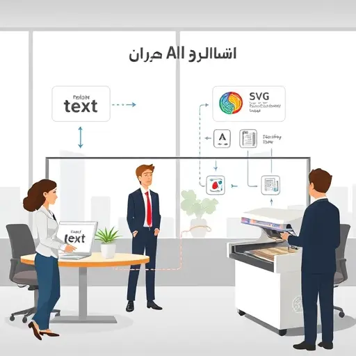 animated infographic showing an AI pipeline: text inputs become vector stamp designs, icons for SVG/PDF/