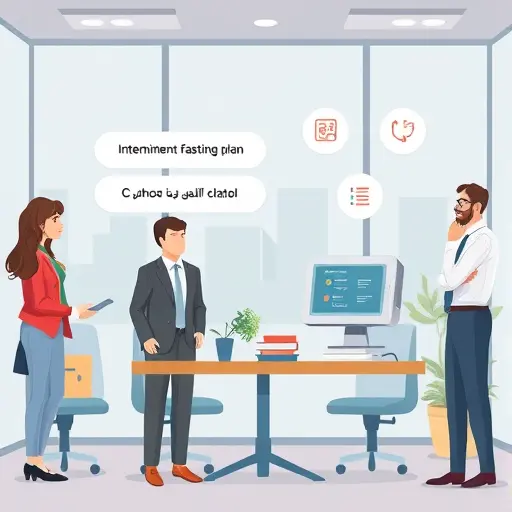 illustration of an AI chatbot customizing an intermittent fasting plan based on age, weight, activity level and lifestyle icons;; professional look; no text