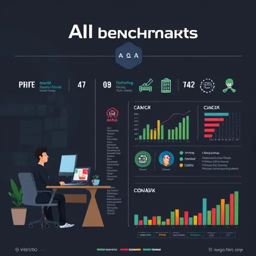 modern infographic illustrating AI benchmarks: MMLU, HellaSwag, GSM8K, ImageNet, COCO, VQA; sleek dark theme, icons and charts, text-free, professional