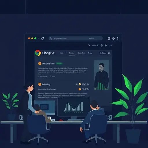 animated Chrome browser window with an AI assistant analyzing a webpage, generating tidy summary cards and structured data, dark theme with green accents, Persian-inspired geometric motifs subtly integrated