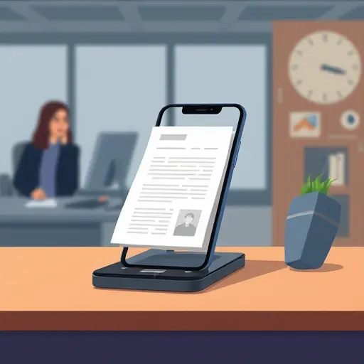 cartoon-style illustration of a smartphone scanning a paper document on a flat surface with soft, diffused lighting; icons showing reduced glare and shadows;