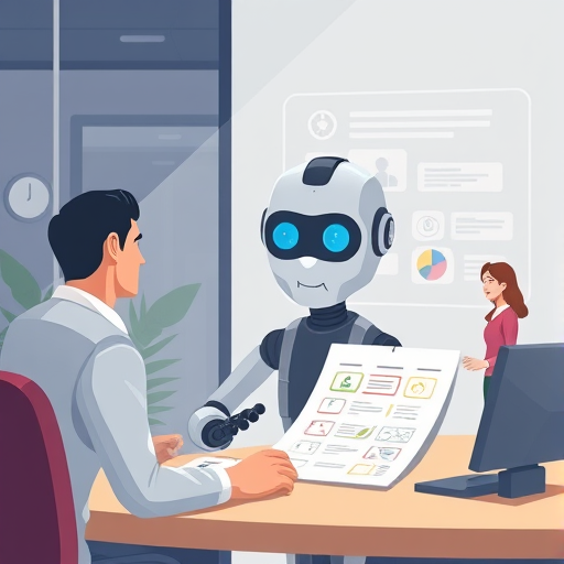 cartoon illustration showing an AI analyzing exam answer sheets and highlighting mistakes, animated icons, tech interface, no text