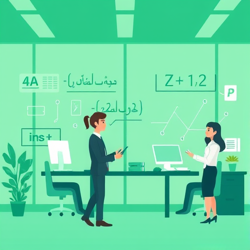cartoon illustration, AI chatbot solving math and science exam questions, formula and calculator icons, green and dark theme, text-free