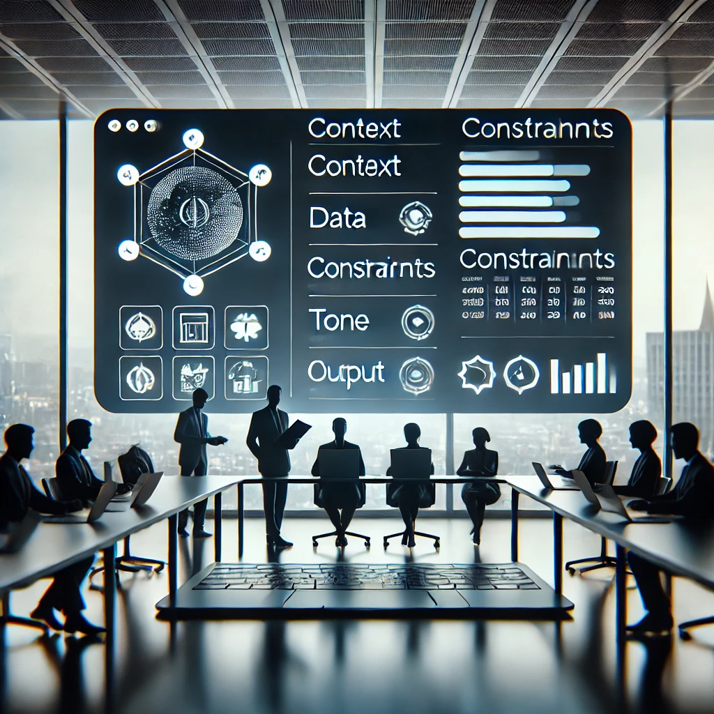 (context, data, constraints, tone, output), clean dark UI, minimal icons, text-free, professional