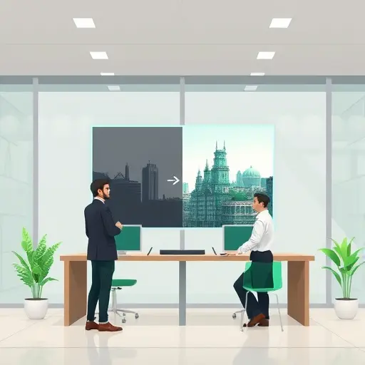 an animated illustration of an AI-powered upscaling interface, showing a low-resolution image being transformed into a sharp, high-resolution version, digital clean style, green accent colors, no text