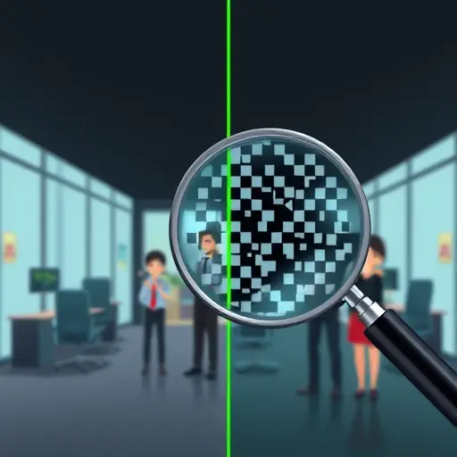 side-by-side abstract illustration of a noisy blurry photo transforming into a clean, crisp upscaled image; magnifying glass and pixel-to-detail transition; dark background, green accent, high-quality, cartoon style, text-free