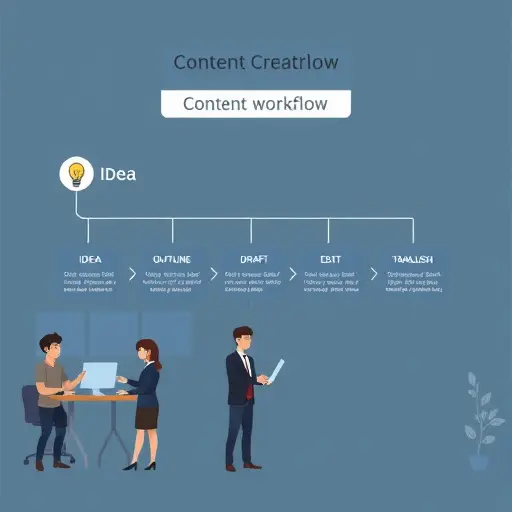 content creation workflow illustration: idea to outline to draft to edit to translate to publish, clean dark-