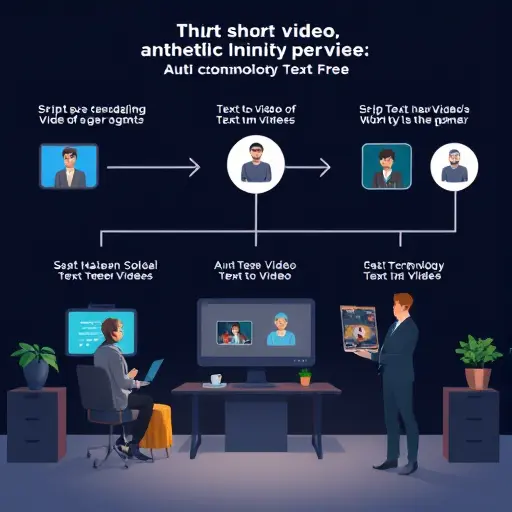 animated illustration of an AI short-video creation workflow: script generation, text-to-video, voiceover, auto subtitles;