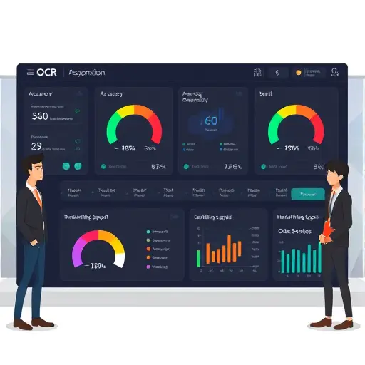 illustration of OCR comparison dashboard with accuracy, speed, and handwriting support gauges;; modern dark UI; cartoon style; professional; no text