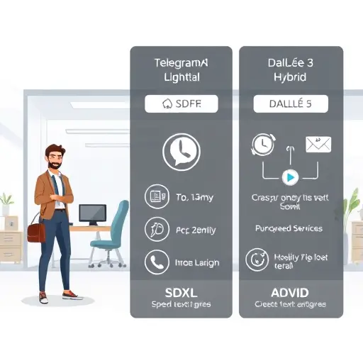animated comparison of Telegram AI image bots, three columns representing SDXL, DALL·E 3