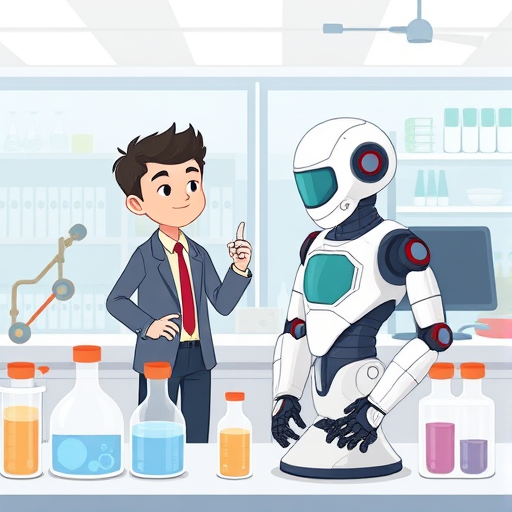 cartoon illustration of a student asking questions to an AI robot in a chemistry lab, chemical symbols and test tubes around, educational animated style, no text