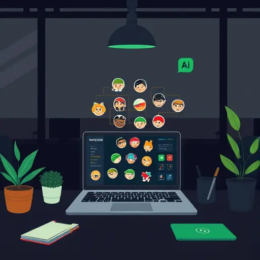 dark themed illustration of an AI-powered sticker creation workflow:(emojis, chibi animals, simple characters)