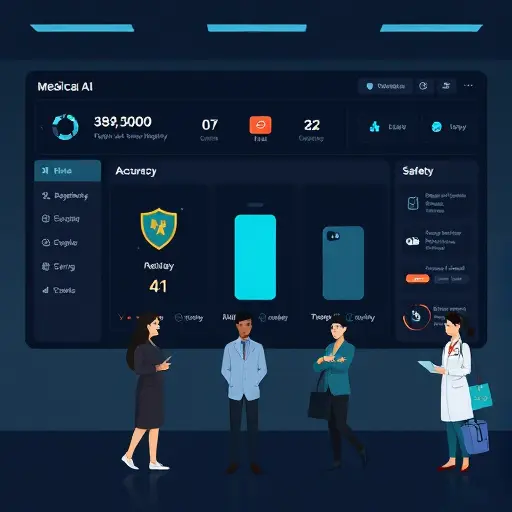 dark-themed medical AI dashboard, three columns comparing accuracy, speed, and safety, icons only (shield, lightning bolt, checklist)