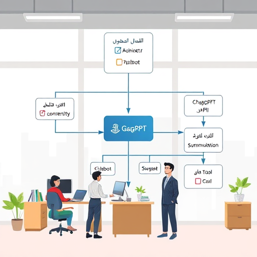 cartoon style architecture diagram showing user input flowing into backend server, processing via ChatGPT API and GapGPT API, branching out to chatbot, summarization, and dev tool modules; text-