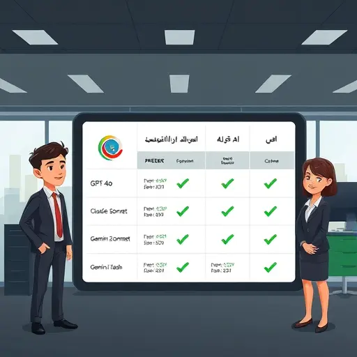 cartoon-style comparison panel of AI models, columns for GPT-4o, Claude 3.5 Sonnet, Gemini 2 flash, icons and checkmarks, sleek dark UI, green accents, text-free