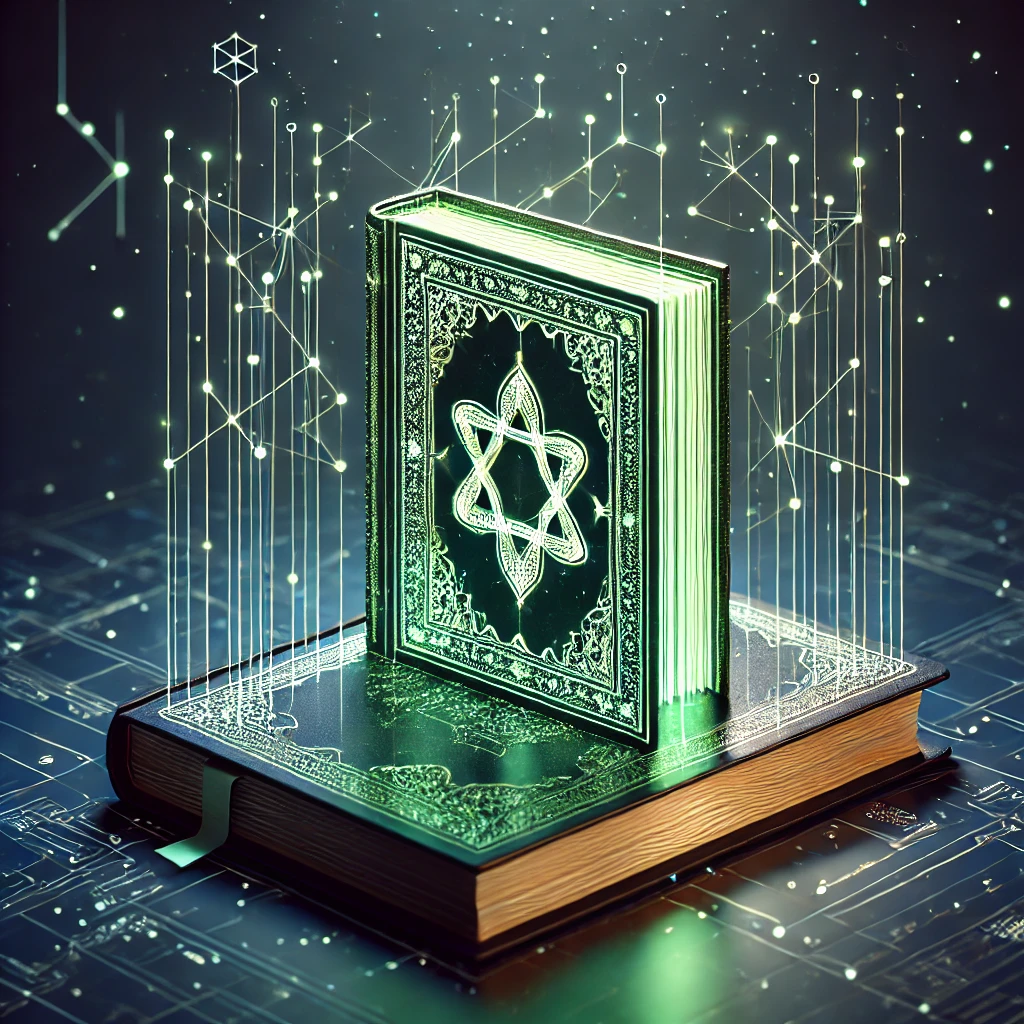 abstract neural network forming a book shape, green accent palette matching #94d3a2