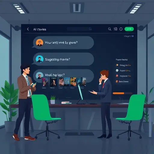 animated illustration of an AI chat interface suggesting movies by genre and mood, clean dark UI, glowing green accent, icons for IMDb and ratings, text-