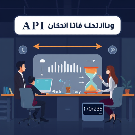 illustration of API rate limiting mechanism, request queue, retry arrows, hourglass and countdown elements, animated tech style, dark theme, no text