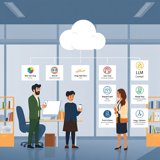 workflow diagram cartoon, user interacting with mobile/web app, API call to GapGPT cloud with multiple LLM model icons (GPT, Claude, Gemini)