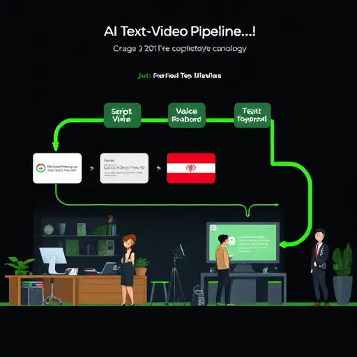 animated illustration of an AI text-to-video pipeline showing stages: script, storyboard, voiceover, scene generation, subtitles, final render;