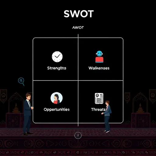 SWOT matrix illustration on a dark background, AI assistant icons in each quadrant (strengths, weaknesses, opportunities, threats)