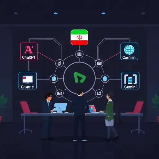 concept illustration of an Iranian AI platform hub connecting multiple AI models (generic icons for ChatGPT, Claude, Gemini)