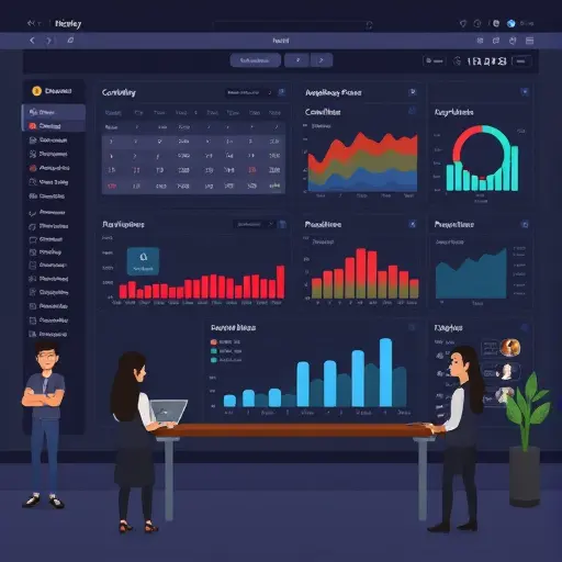 cartoon dashboard showing content scheduling calendar, heatmap of audience peak hours, A/