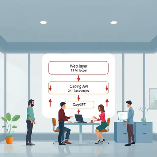 animated architecture diagram, showing a web app layer, caching layer (Redis/localStorage)