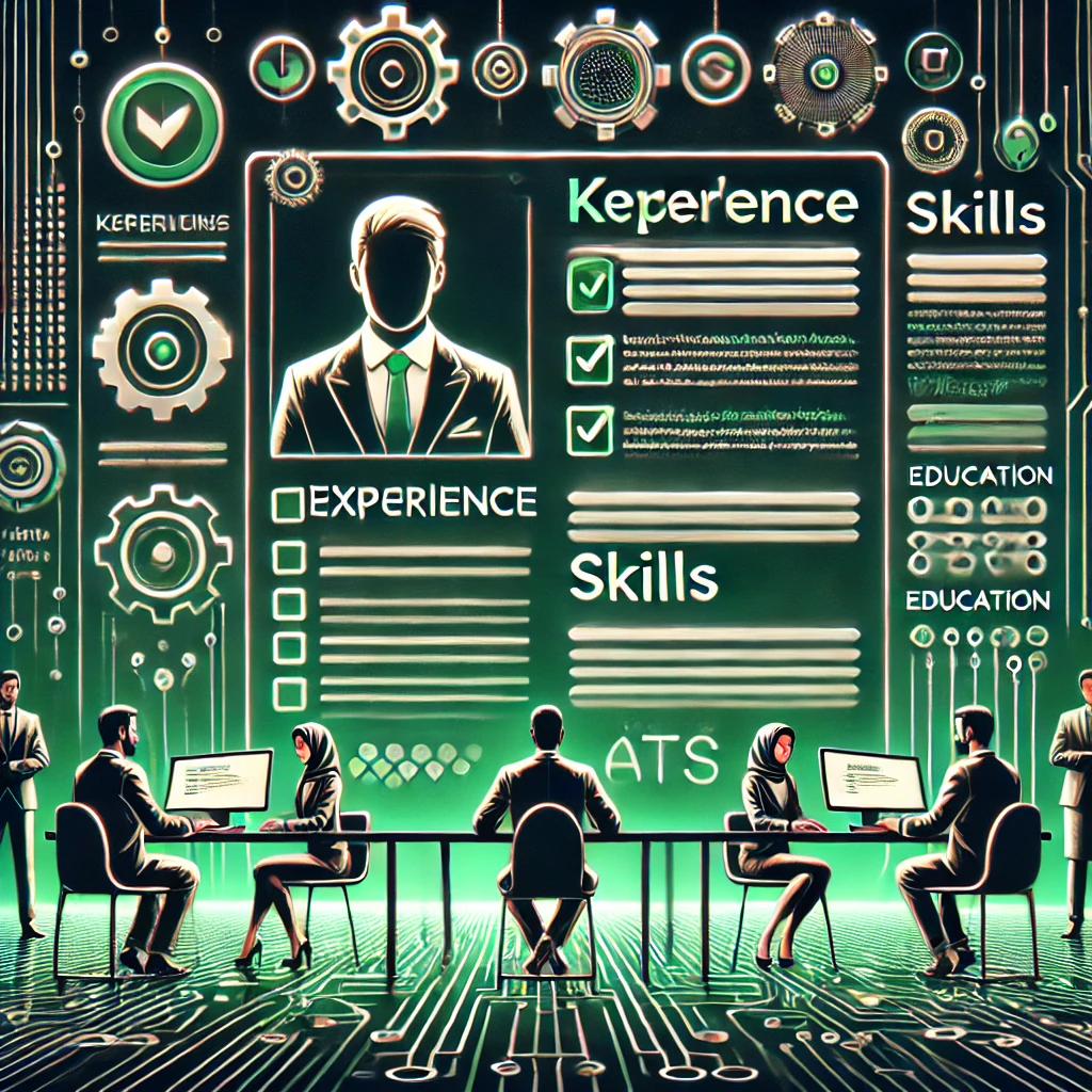 animated illustration of an ATS-friendly resume structure, checklist items for keywords, sections labeled experience/skills/