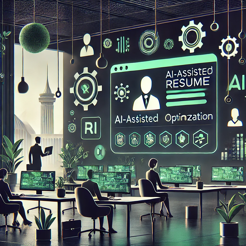 workflow illustration of AI-assisted resume optimization with ChatGPT, highlighting keyword extraction from a job posting, dark UI, green accent, minimalist, text-free, no real people