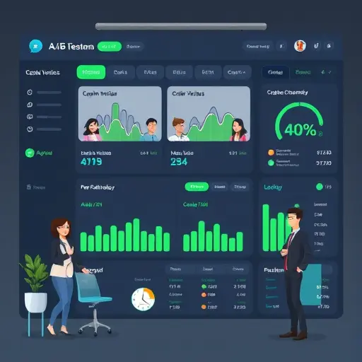 cartoon-style A/B testing dashboard showing caption variants, CTR metrics, and engagement icons for Telegram channels, clean UI, dark background with green accents, no text