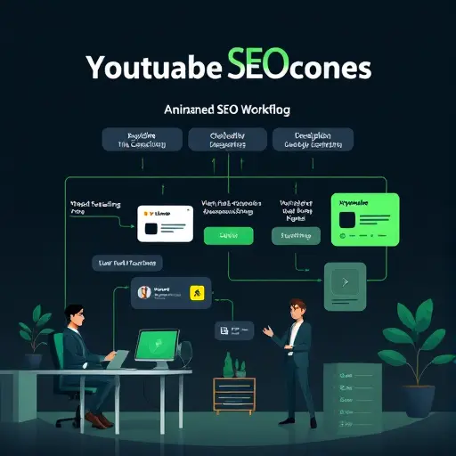 animated illustration of YouTube SEO workflow: keyword clustering, title crafting, description structuring, hashtag selection;
