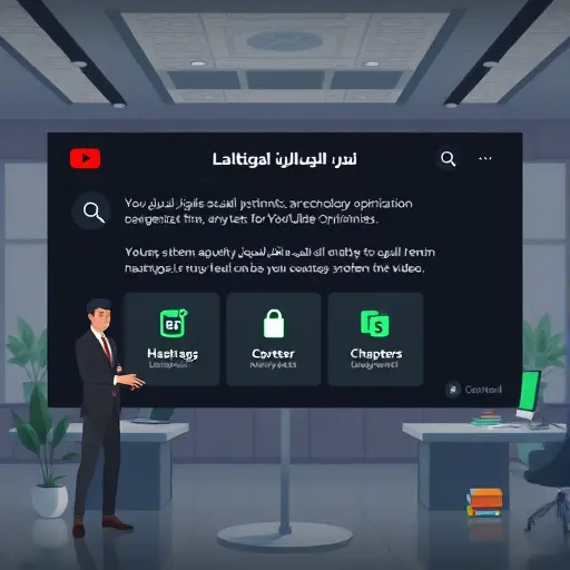 clean animated panel showing hashtags and metadata optimization for a YouTube video, icons for tags and chapters, dark UI, green accent, no text